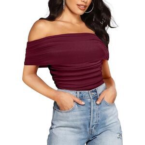 Off the Shoulder Mesh Ruched One Piece, SIZE XL, 6B-142T002